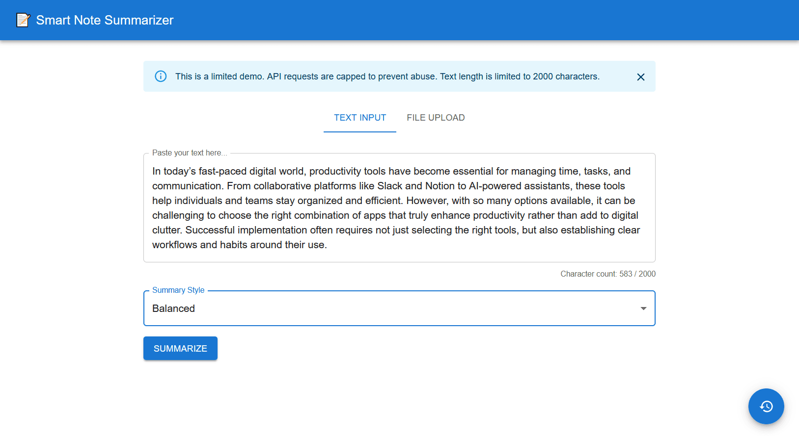 Smart Summarizer results view